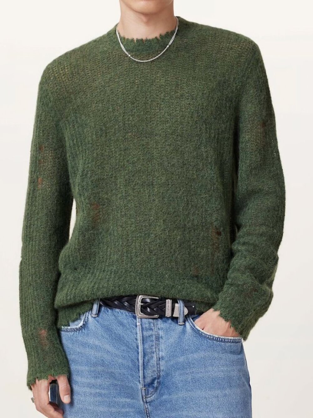 All Saints Green Distressed Crewneck Sweater in Medium